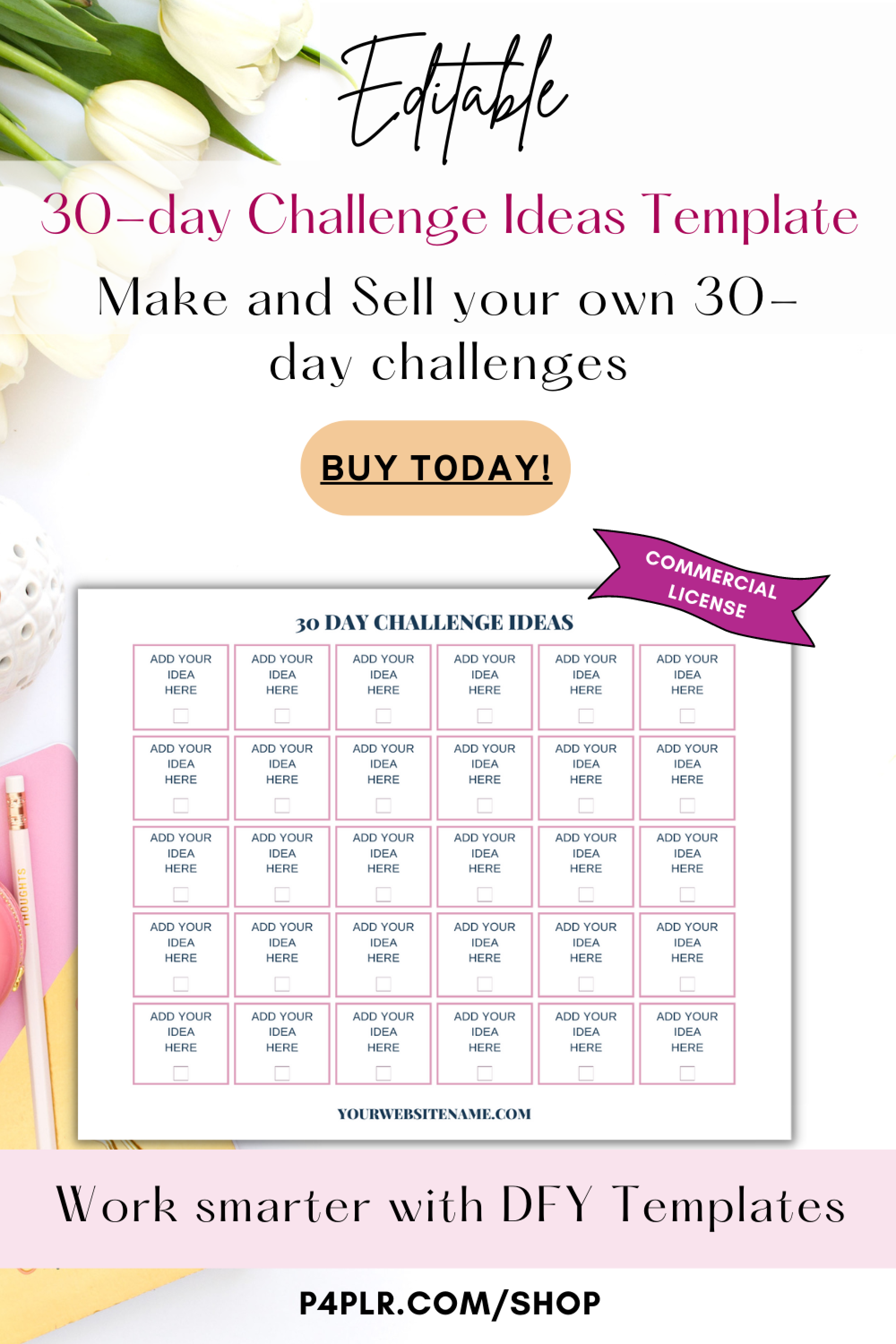 30 day Challenges Ideas Template in Pink- PLR Printable